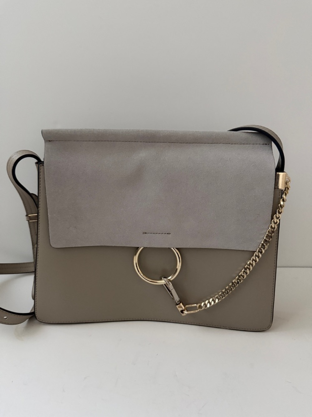 Suede-Trim Taupe Crossbody Bag with Gold Ring Detail